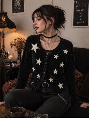 Vintage Black Cardigan Pearl Star Celestial Whimsigoth Witchy Soft Grunge Button